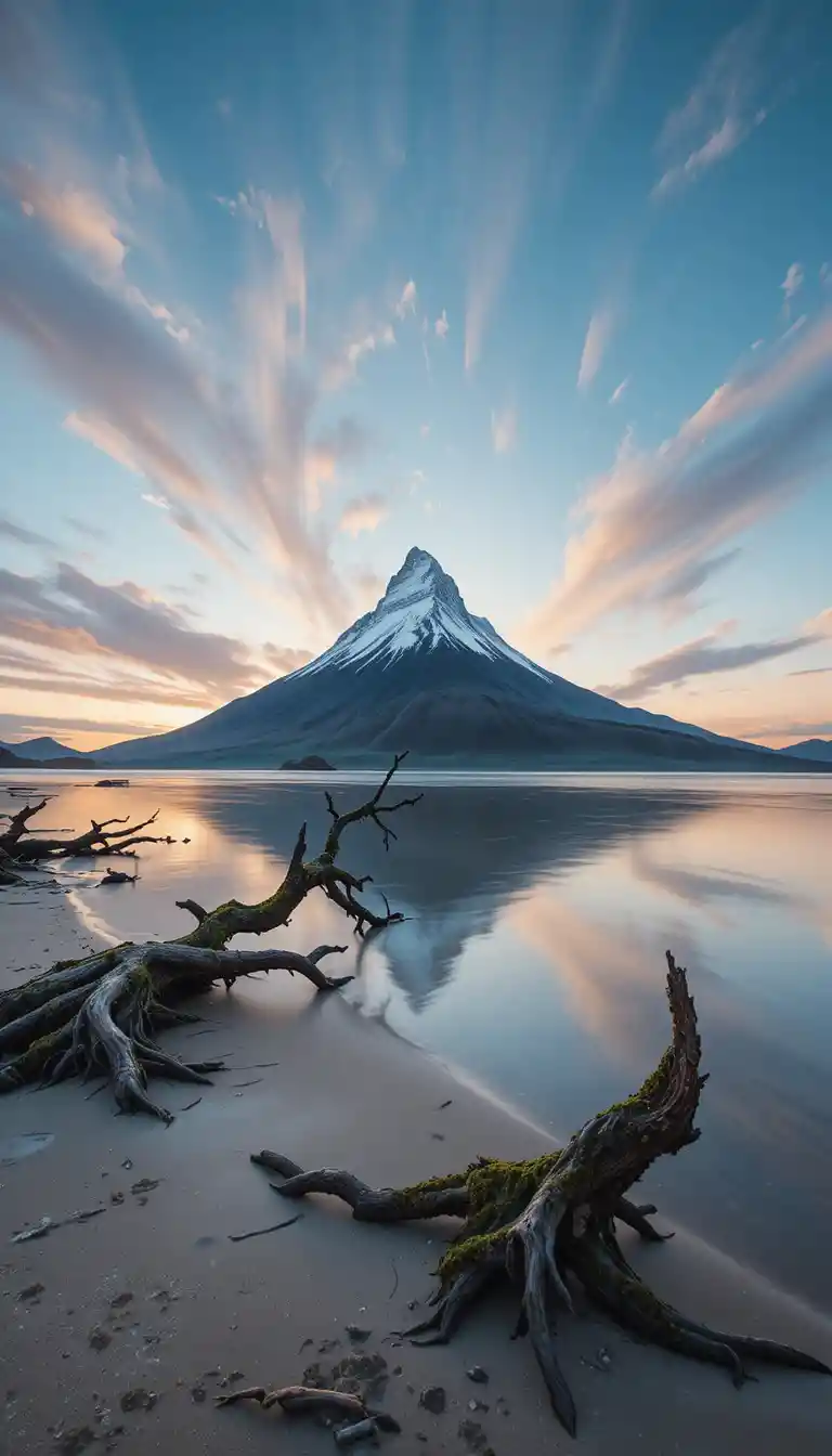Snowy mountain waterfall reflected in a calm seaside sunset