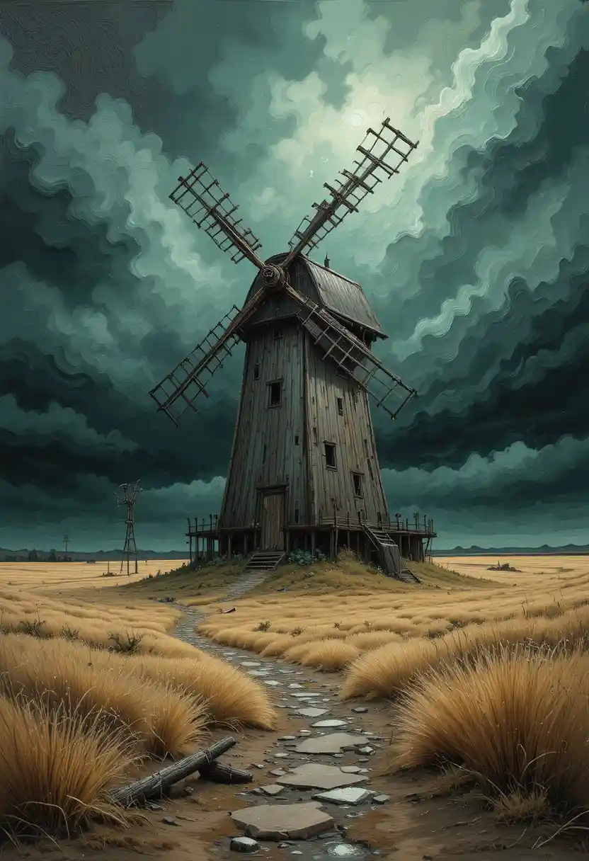 Old wooden windmill in a barren field under stormy clouds