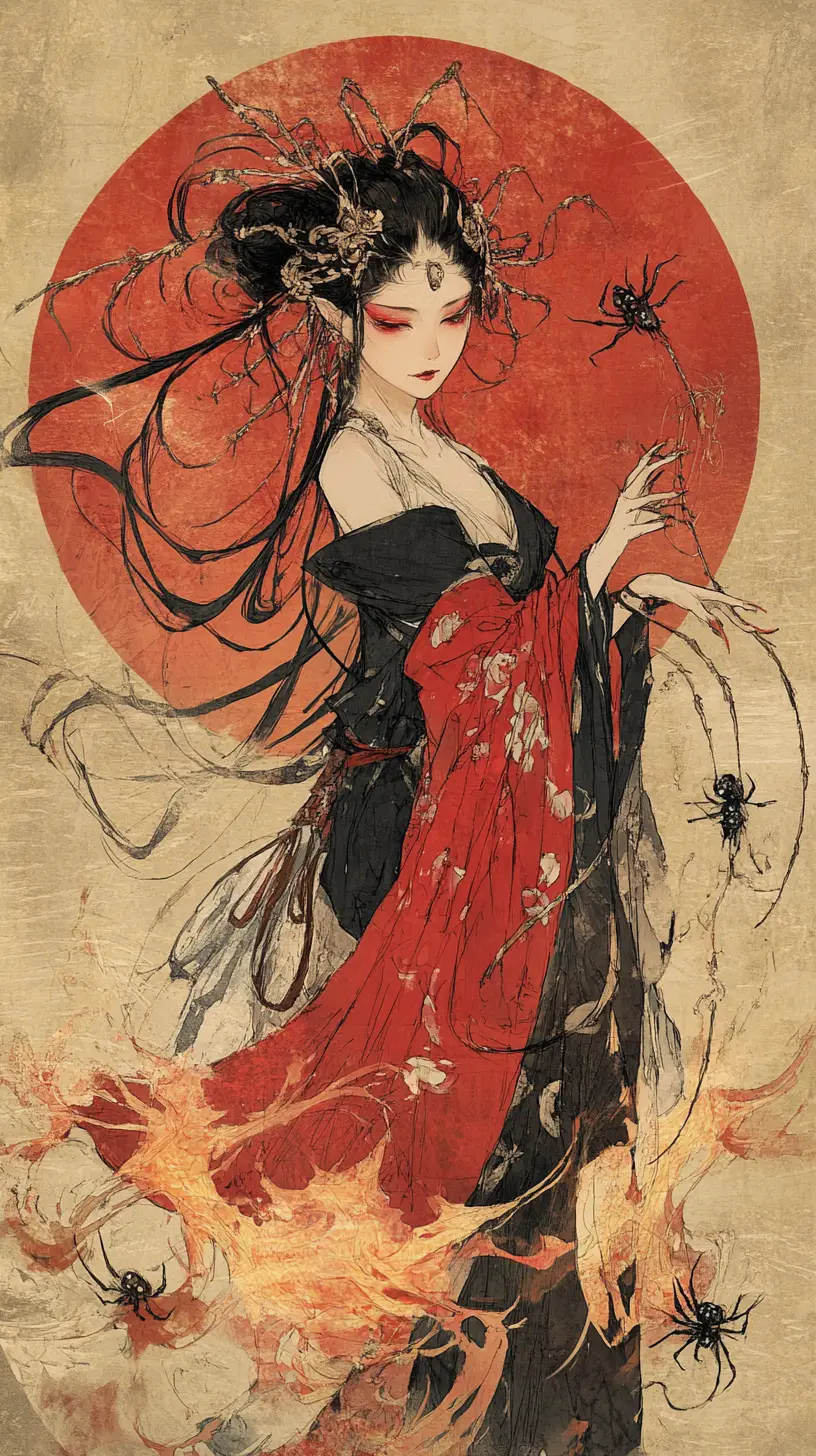 Spider woman yokai from Japanese folklore with fiery spiders