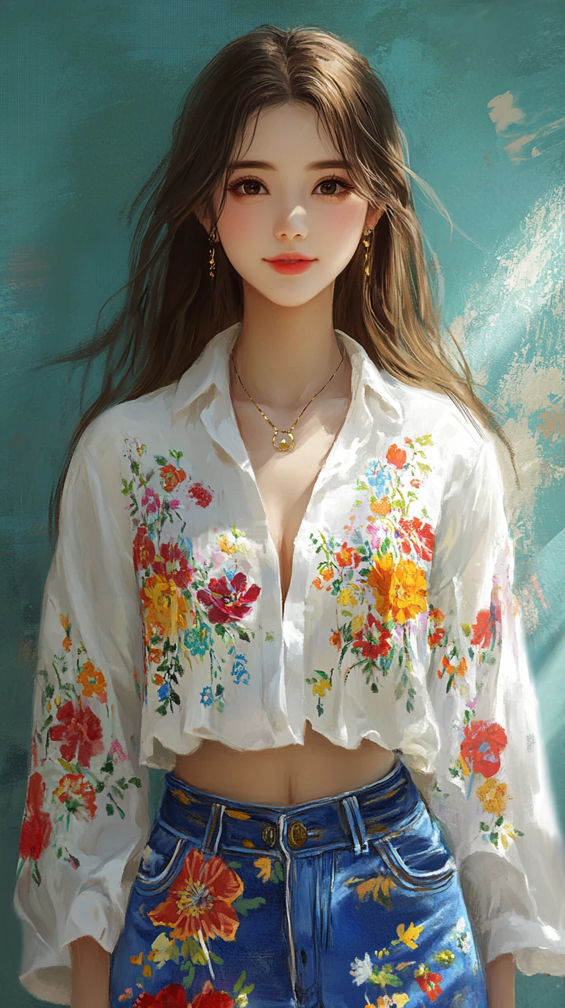 Ragazza anime sorridente con camicia floreale davanti a un muro color teal