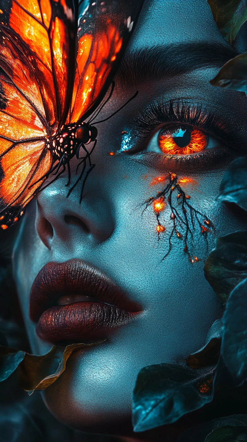 Surrealistisches Frauenporträt mit Schmetterling und leuchtendem Wald