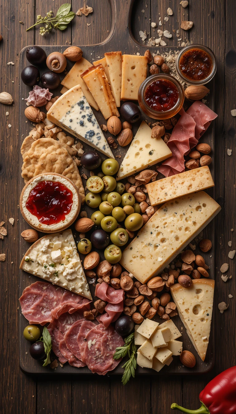 Charcuterie Board With Cheeses Meats Olives And Fig Jam