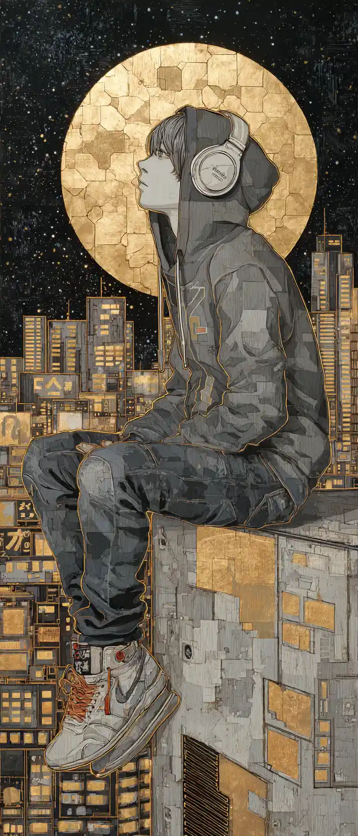 Young man on rooftop above glowing city at night