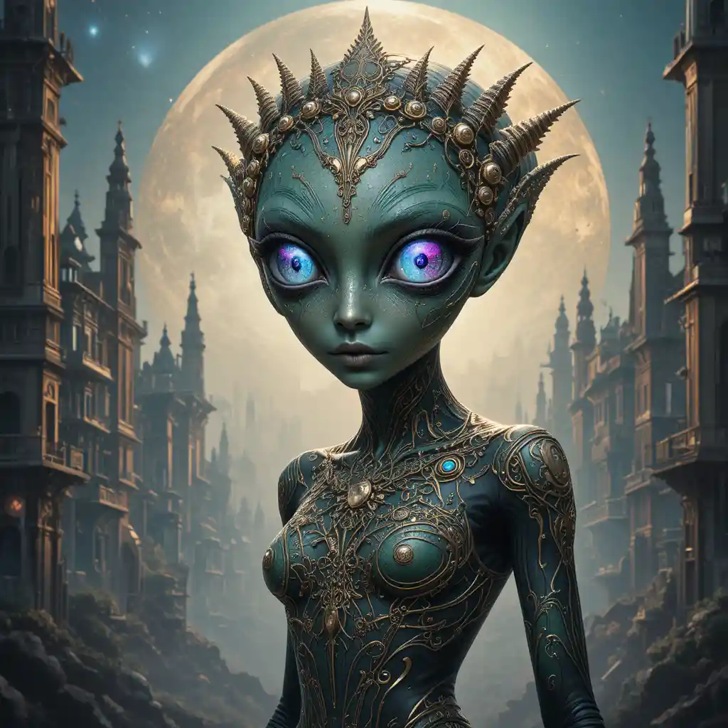 Surreal reptilian alien princess in a glowing cosmic city