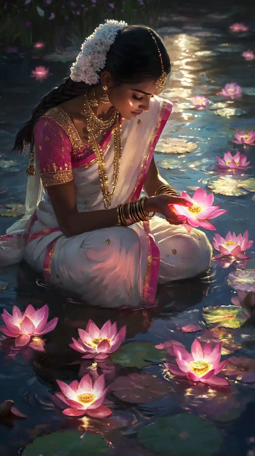 South Asian woman placing glowing lotus in tranquil water
