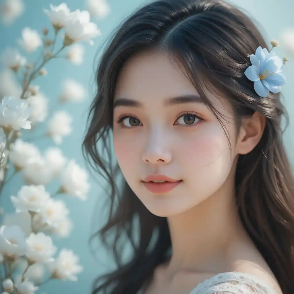 柔和花卉背景中的年輕亞洲女性肖像