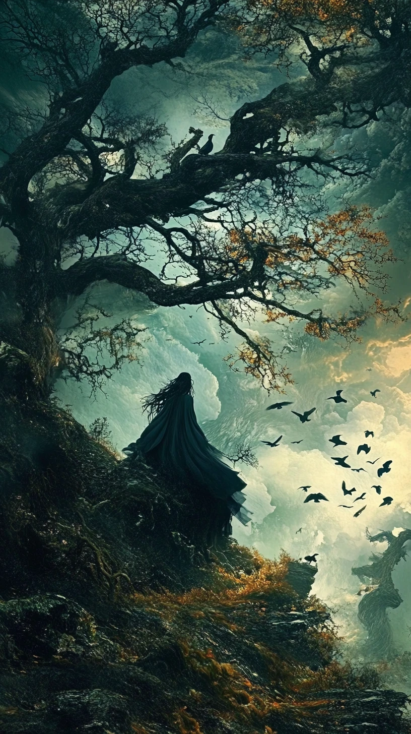 Ilusión surrealista de una bruja en un extraño collage por capas