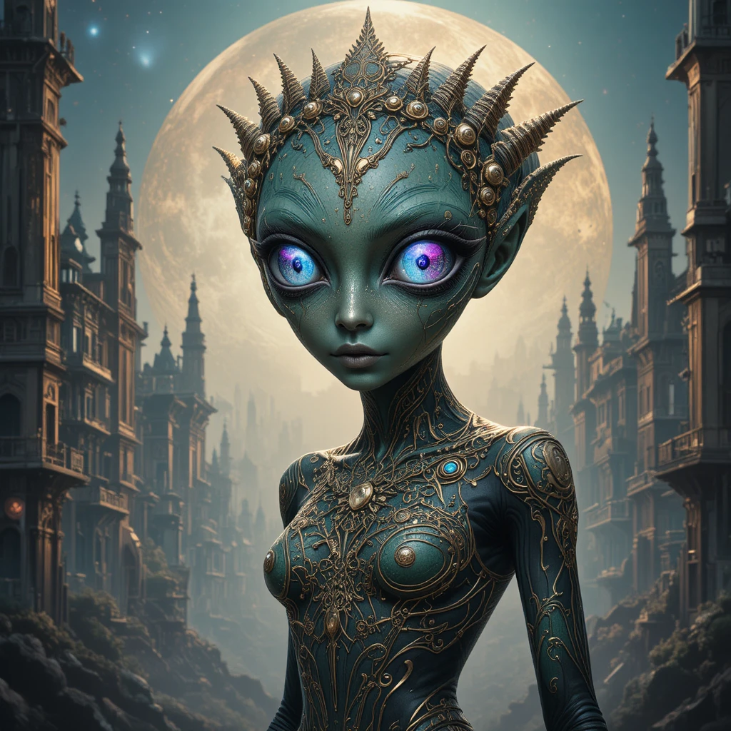 Surreal reptilian alien princess in a glowing cosmic city