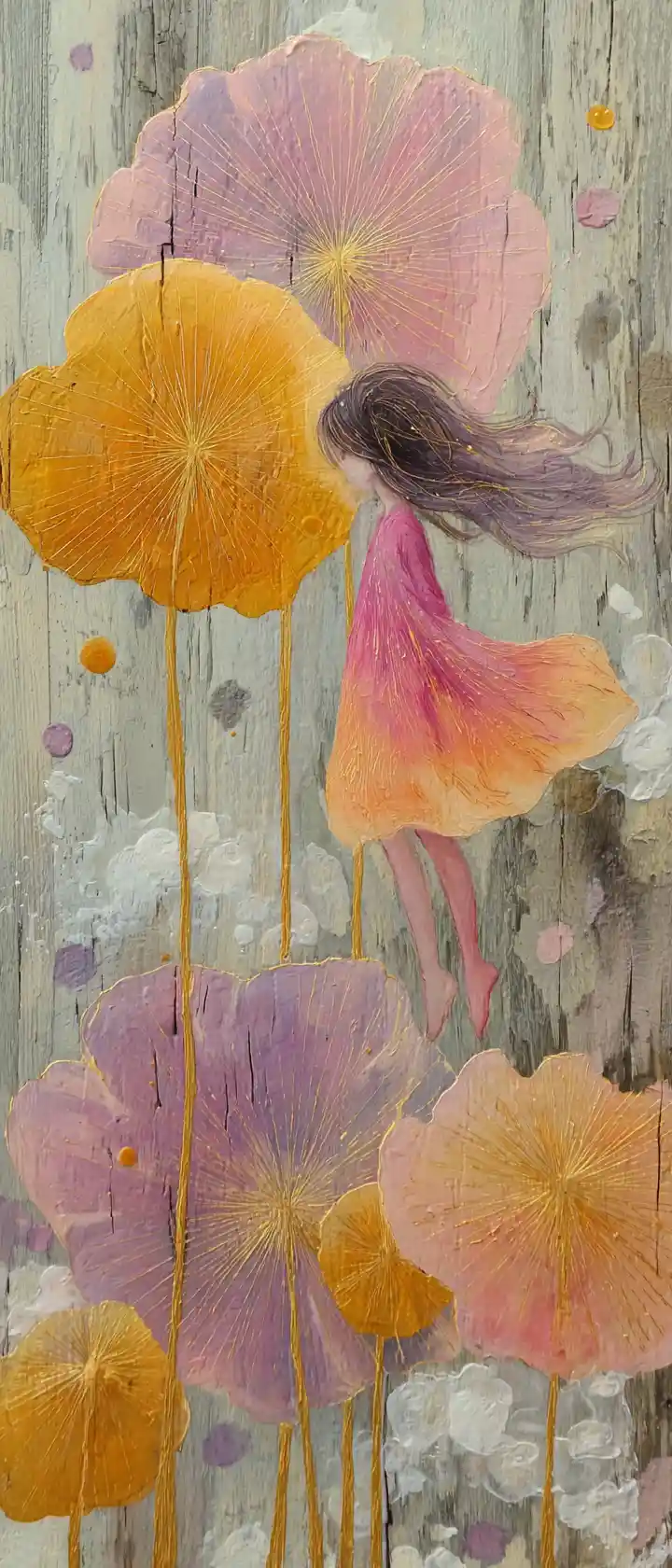 Dreamy girl floating among giant dandelion inspired flowers