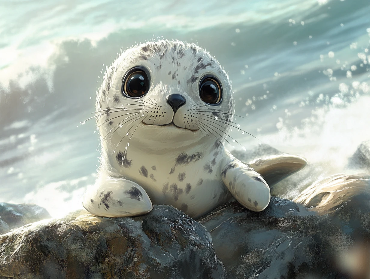 Peaceful baby seal resting on sunlit coastal rocks