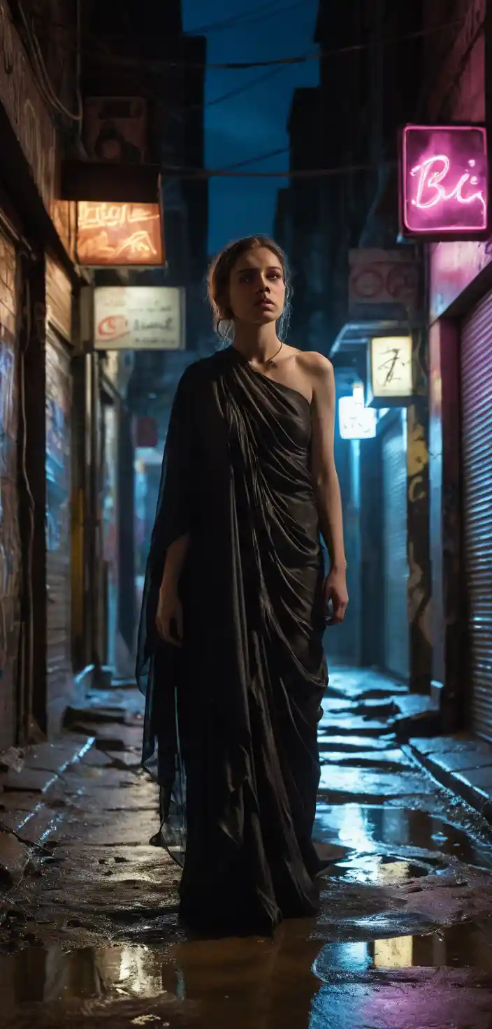 Femme mystérieuse en soie noire à l’entrée d’une ruelle éclairée au néon