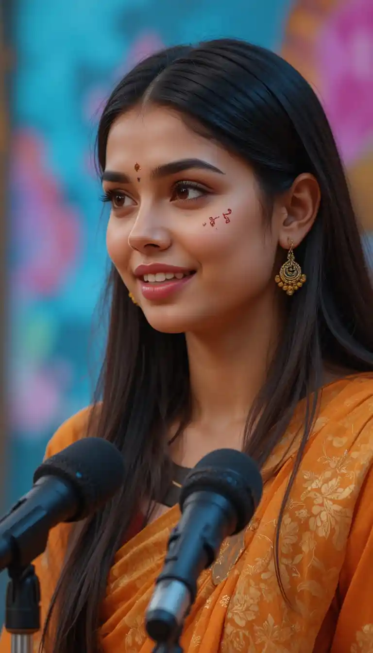 Indian katha storyteller girl in saffron on stage