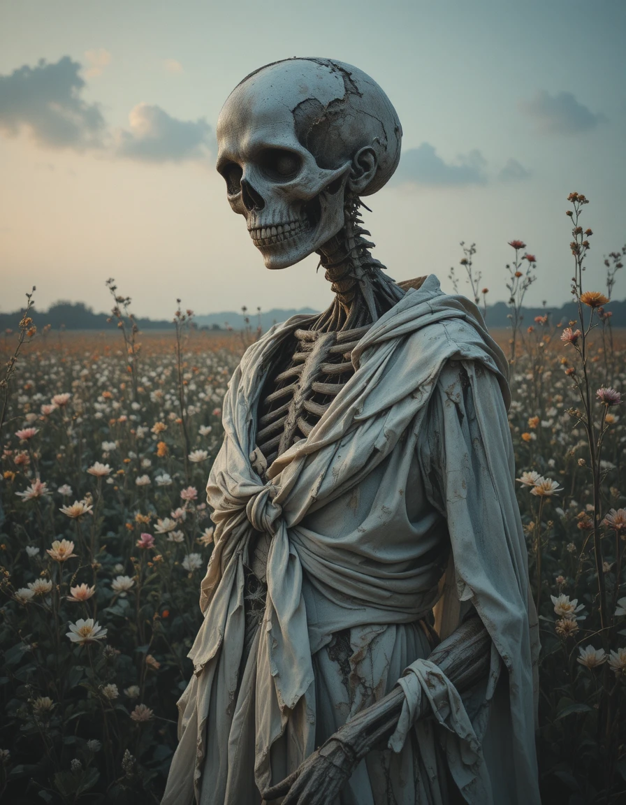 Close up skeletal figure in tattered cloth before ghostly field