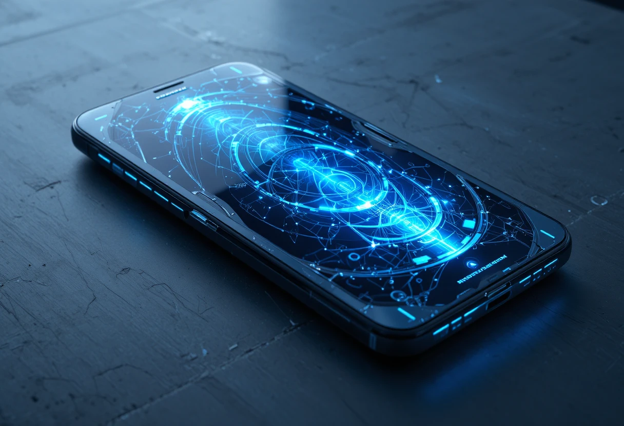 Futuristisches Smartphone mit holografischem neonblauem Display
