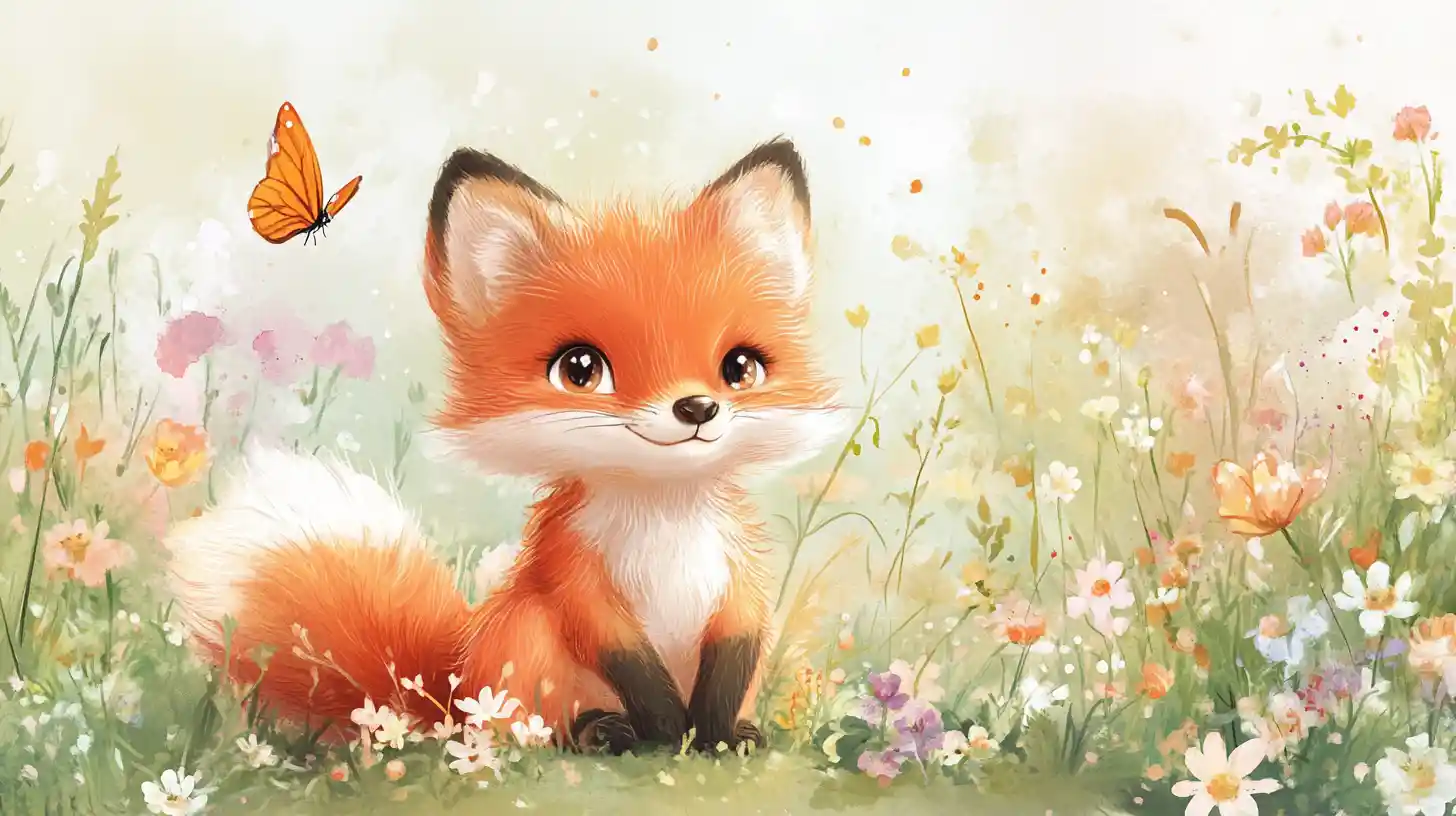 Cute baby fox in a whimsical watercolor meadow