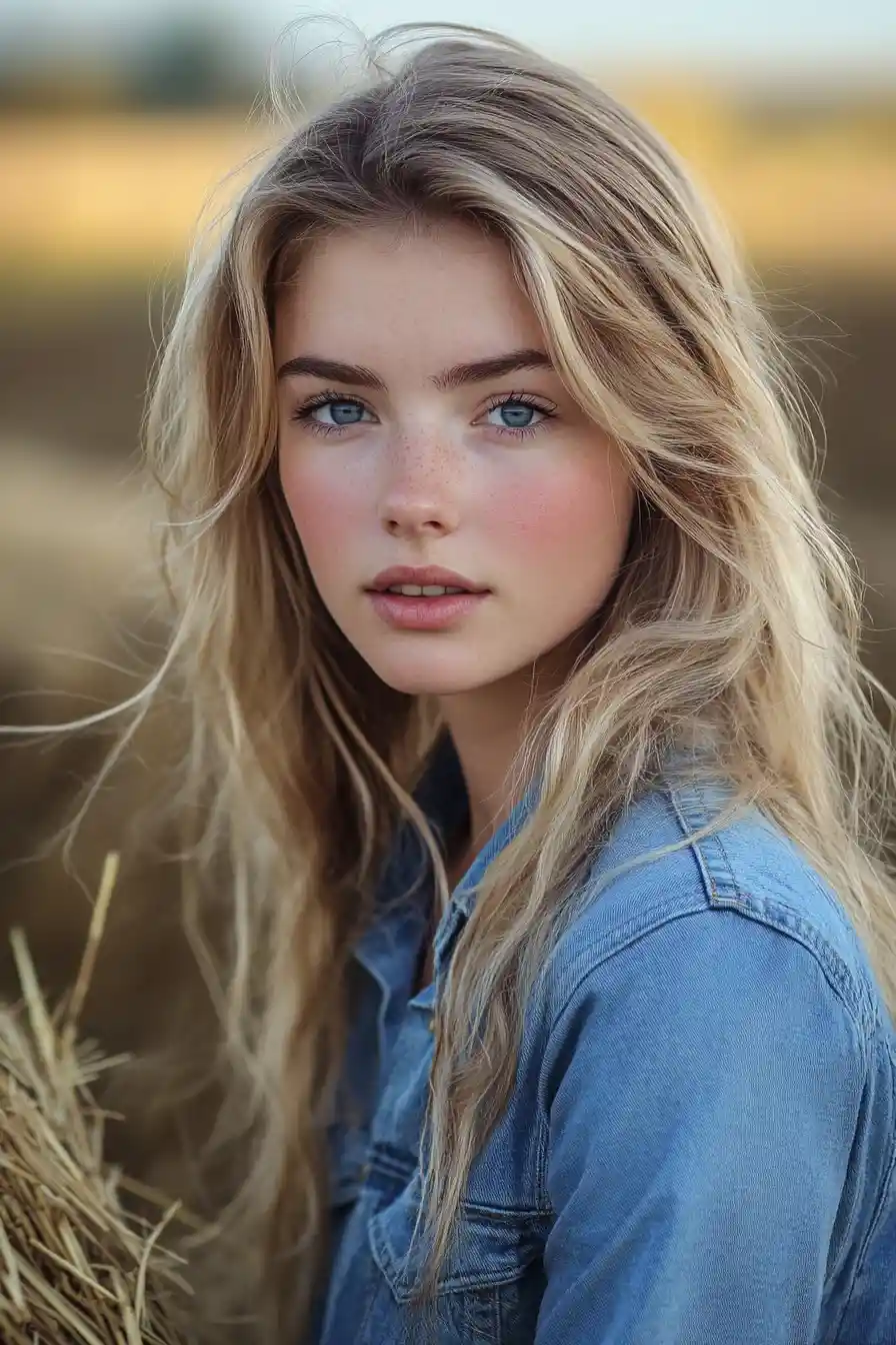 Jeune fermière blonde souriante empilant des bottes de foin en plein air