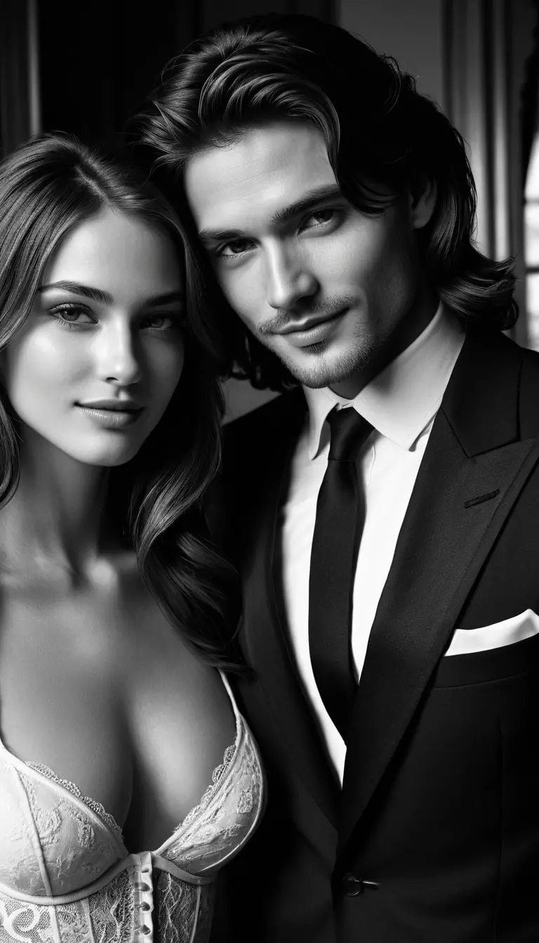 Elegant couple flirting in a luxurious manor interior