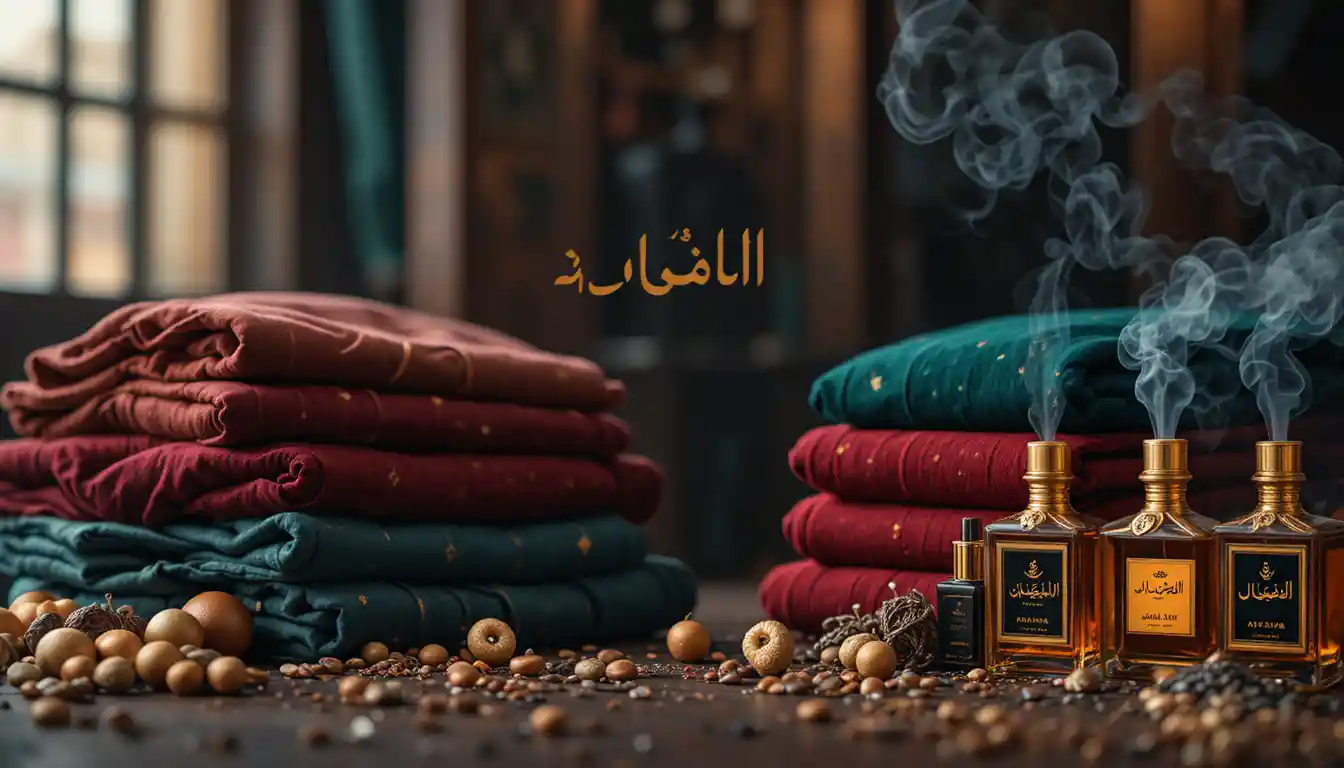 Luxurious Urdu poster with fabrics and perfume display
