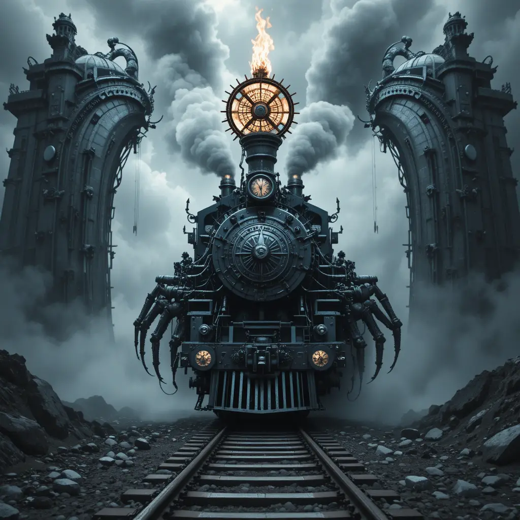 Calavera mecánica híbrida que custodia ardientes puertas infernales del ferrocarril