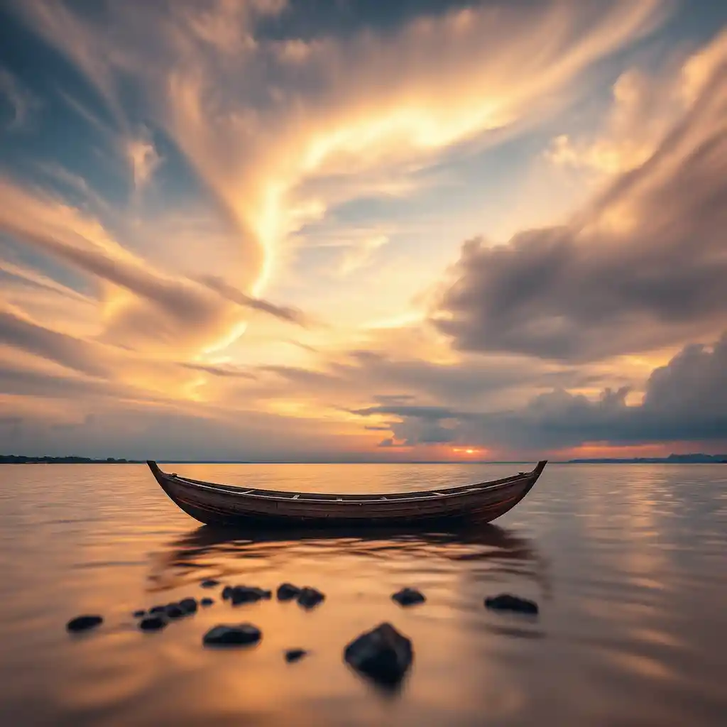 Wooden boat drifting on a tranquil river at sunset