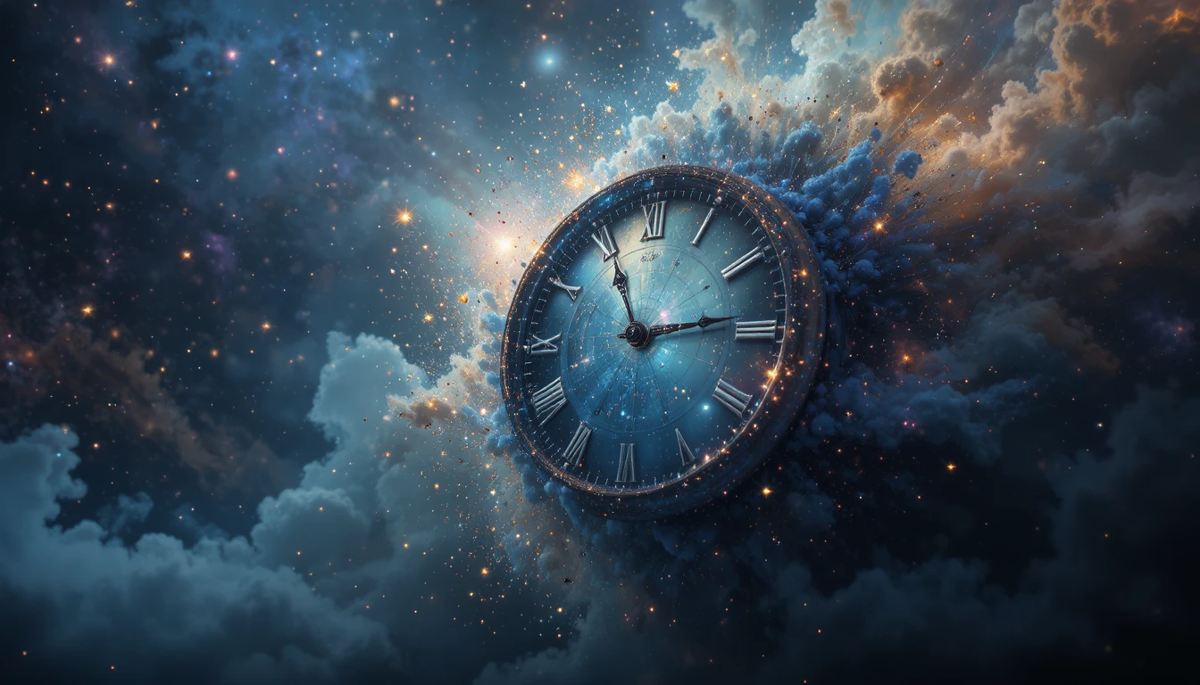 Surreal clock dissolving into a nebula of cosmic stardust