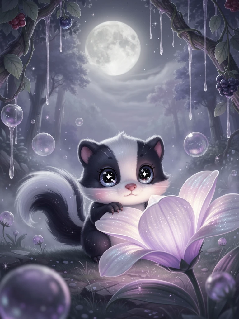 Cute chibi skunk peeking from glowing flower at night