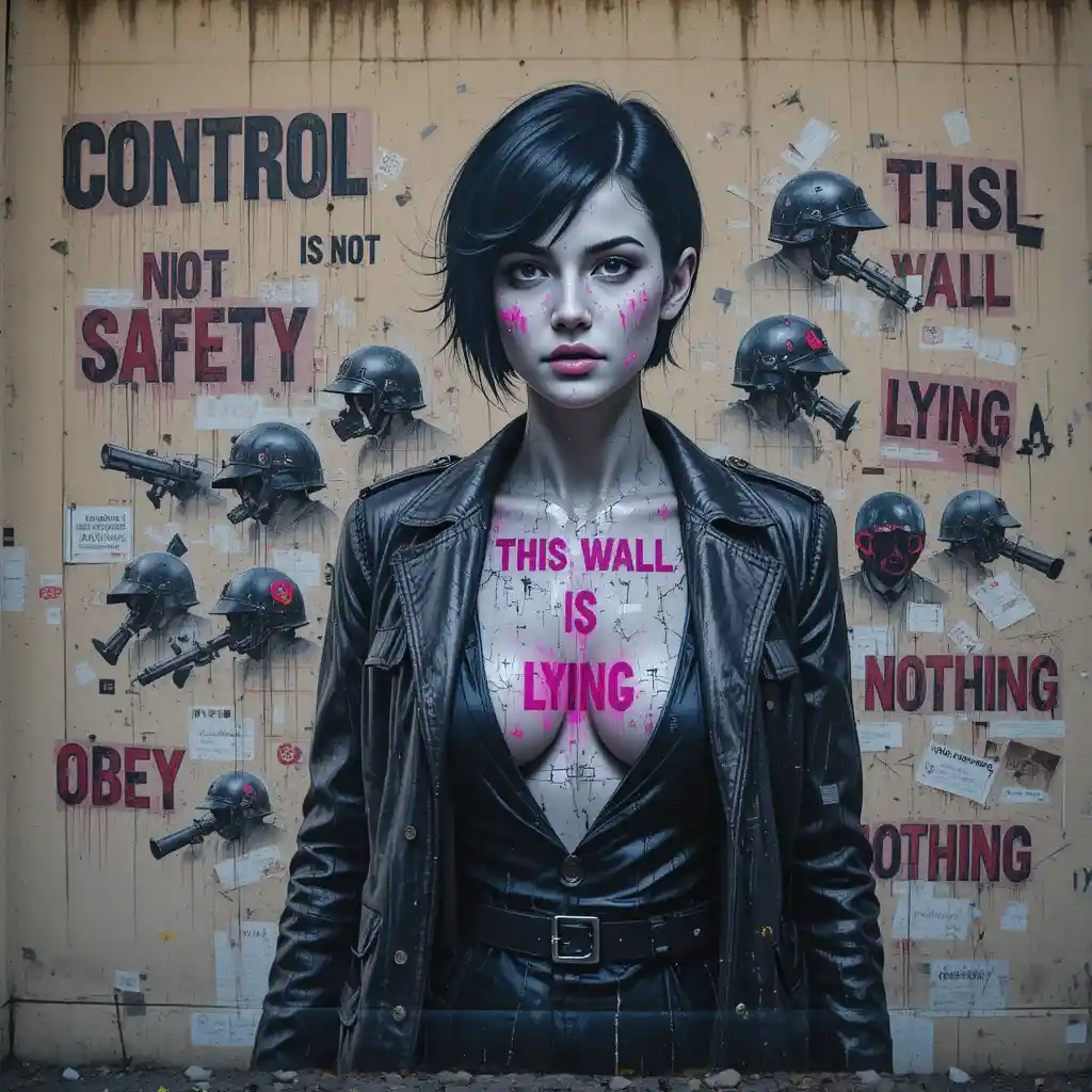 Glitch‑Street‑Mural einer rebellischen Femme‑fatale‑Ikone