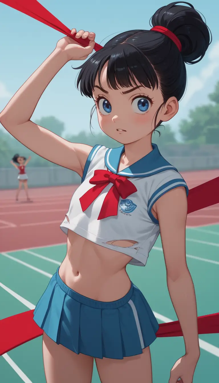 Anime schoolgirl in torn bikini striking a vulnerable split pose