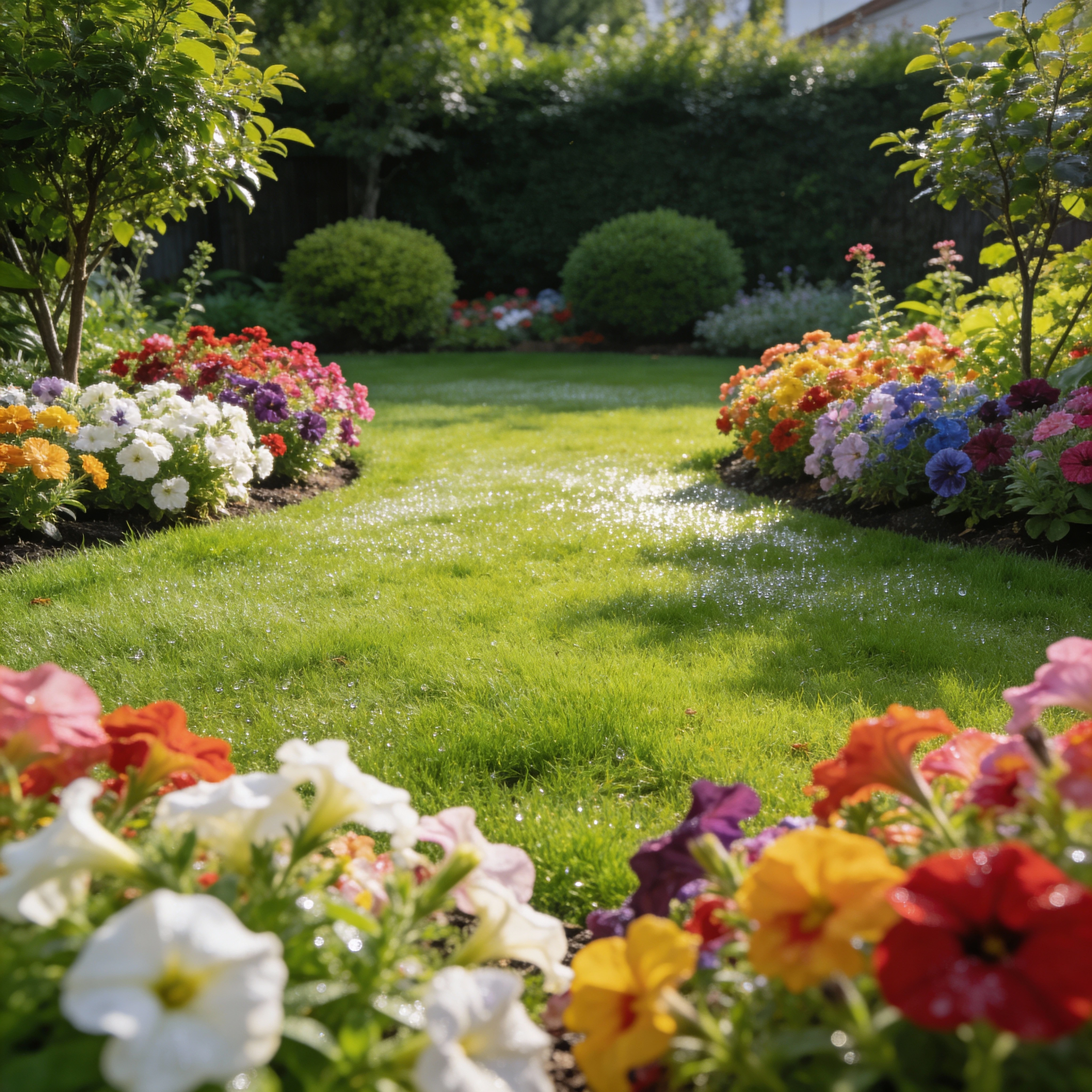 Lush landscaped backyard with green lawn and flower beds