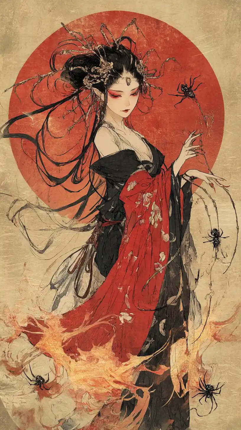 Spider woman yokai from Japanese folklore with fiery spiders