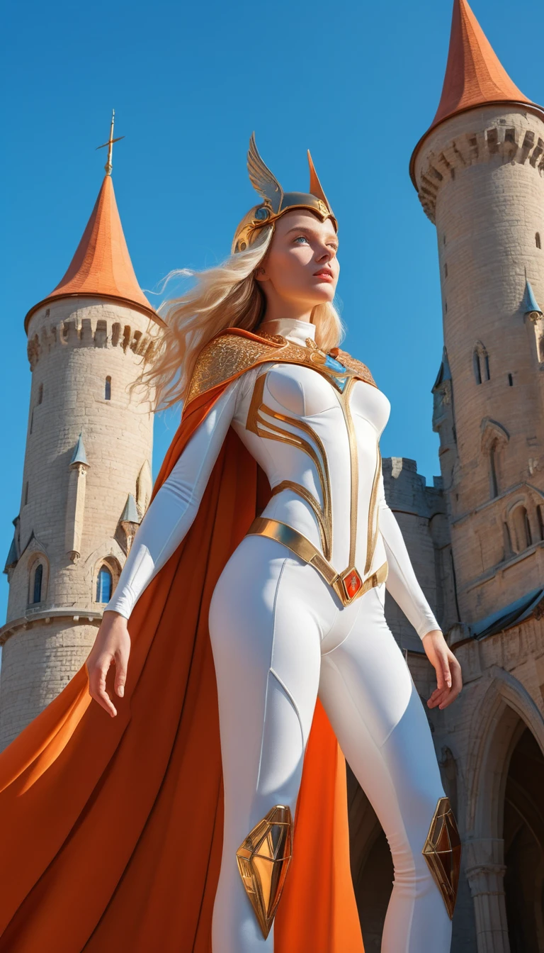 Mujer rubia heroica frente a un castillo de fantasía bañado por el sol