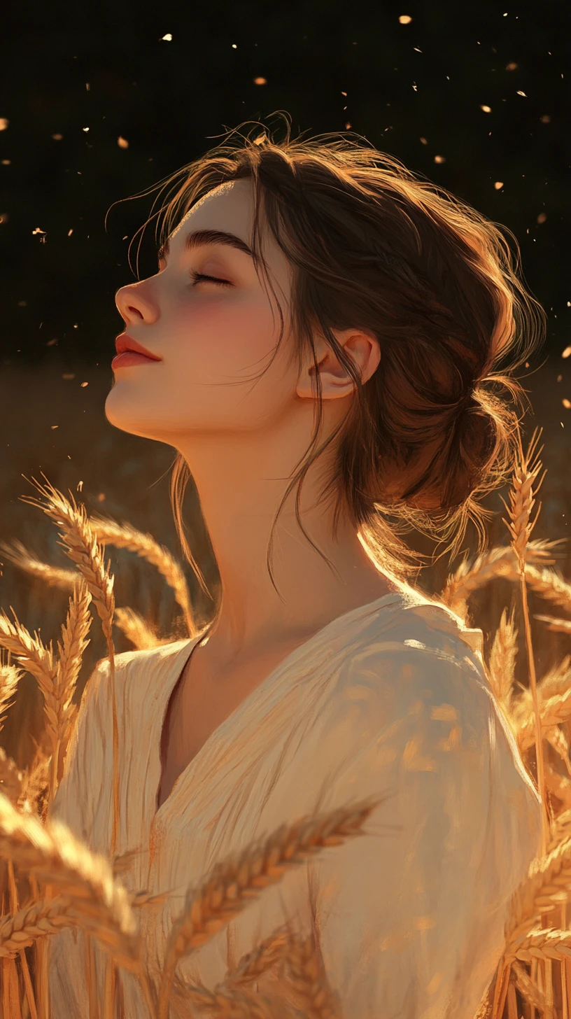 Young woman in wheat field under glowing twilight sky