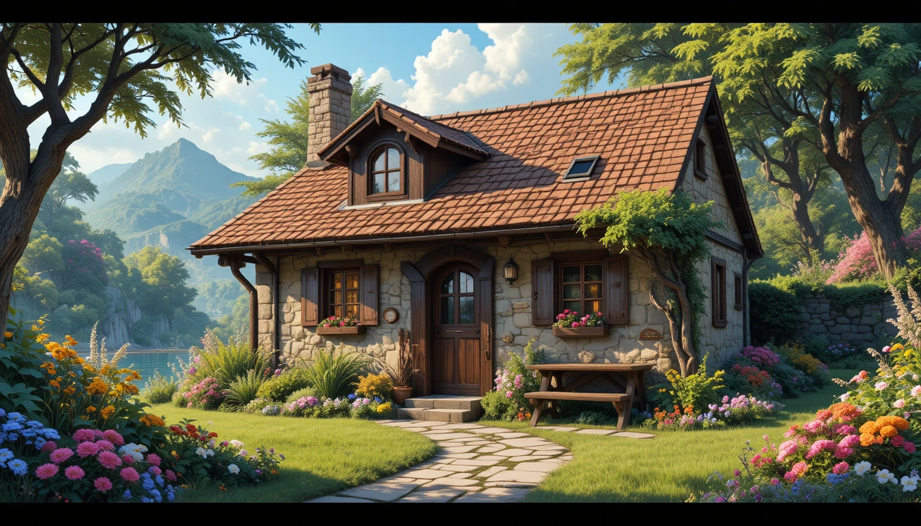 Cozy rustic country house in a lush flower garden