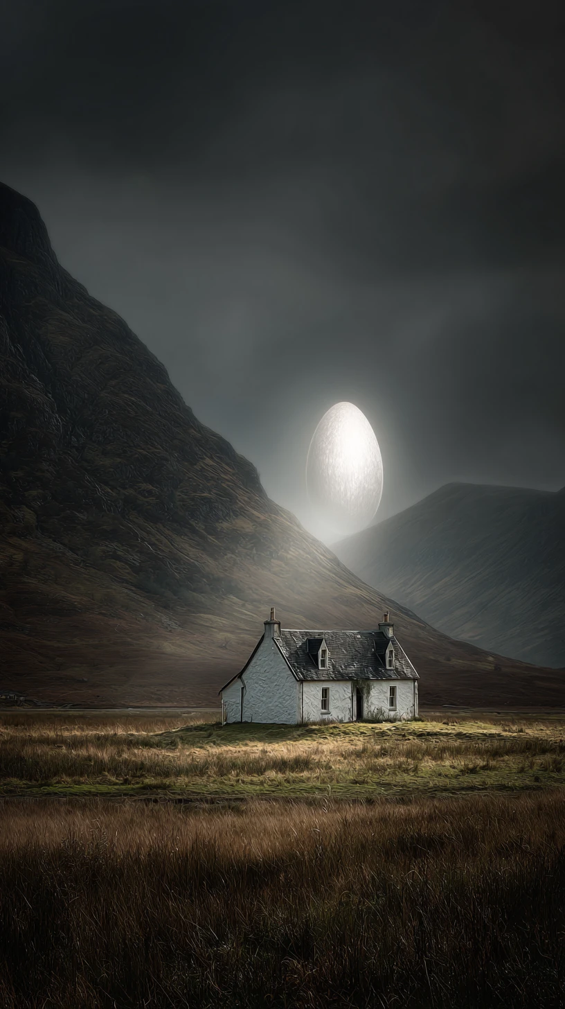 Scottish mountain house with glowing oval hovering above