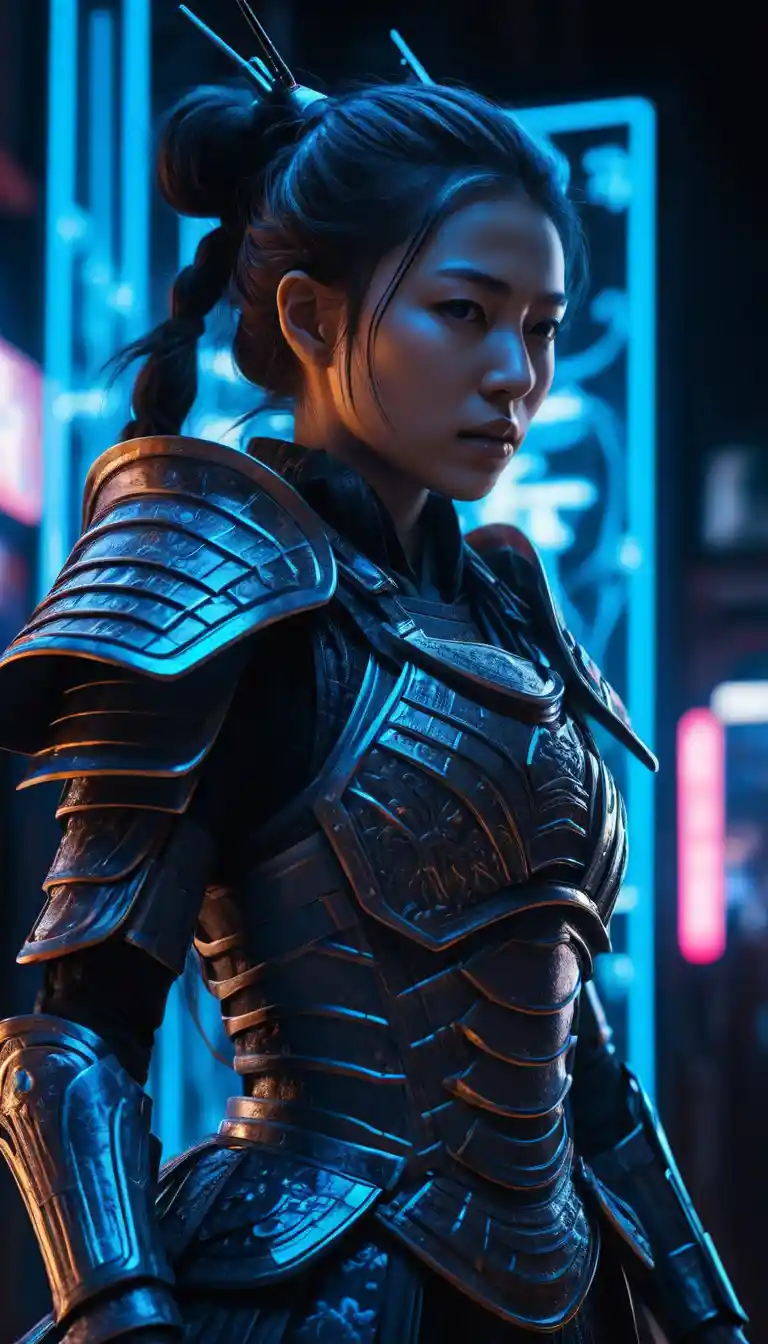 デジタルスクリーンから現れる幽玄な女侍の霊