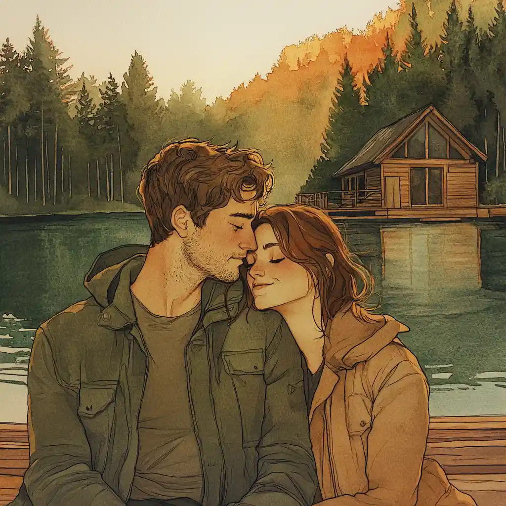 Romantic couple on a lakeside dock at warm sunset