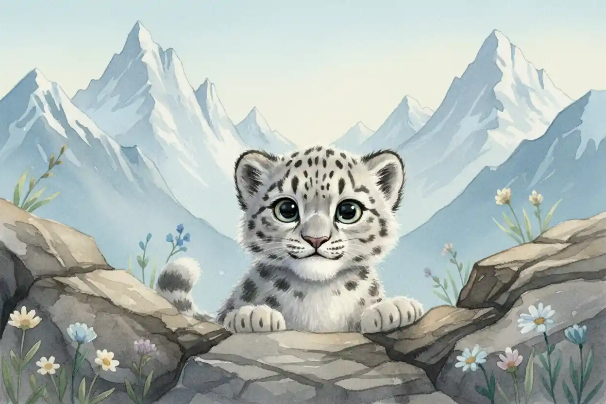 Cucciolo di leopardo delle nevi che sbircia tra le rocce in un prato alpino