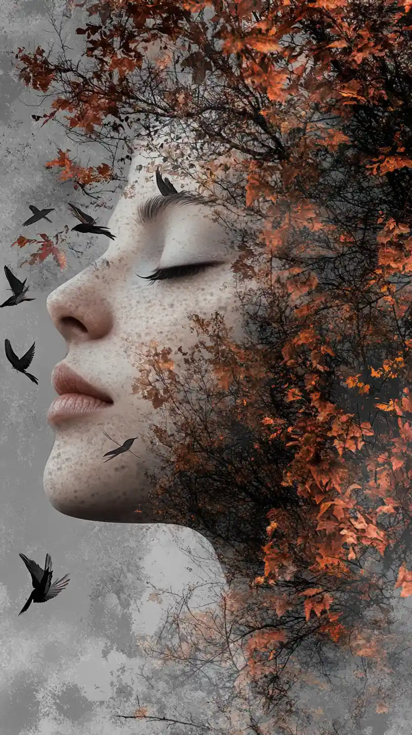 Ethereal Woman In Profile Merging With Autumn Forest