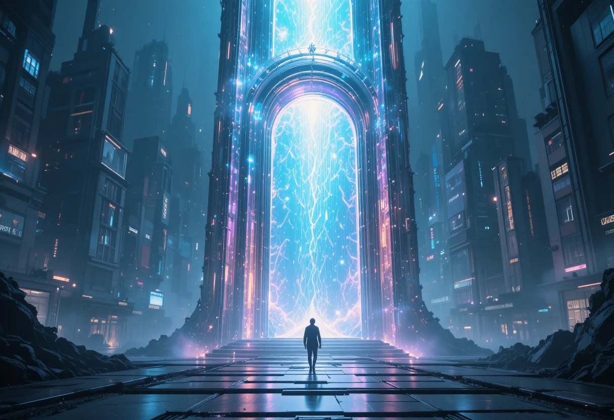 Portal Luminoso en el Corazón de una Ciudad Futurista