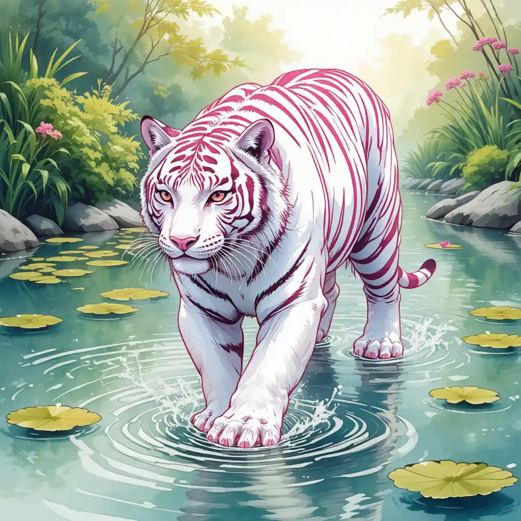 Illustration d’un tigre blanc marchant dans un étang lumineux à l’aquarelle
