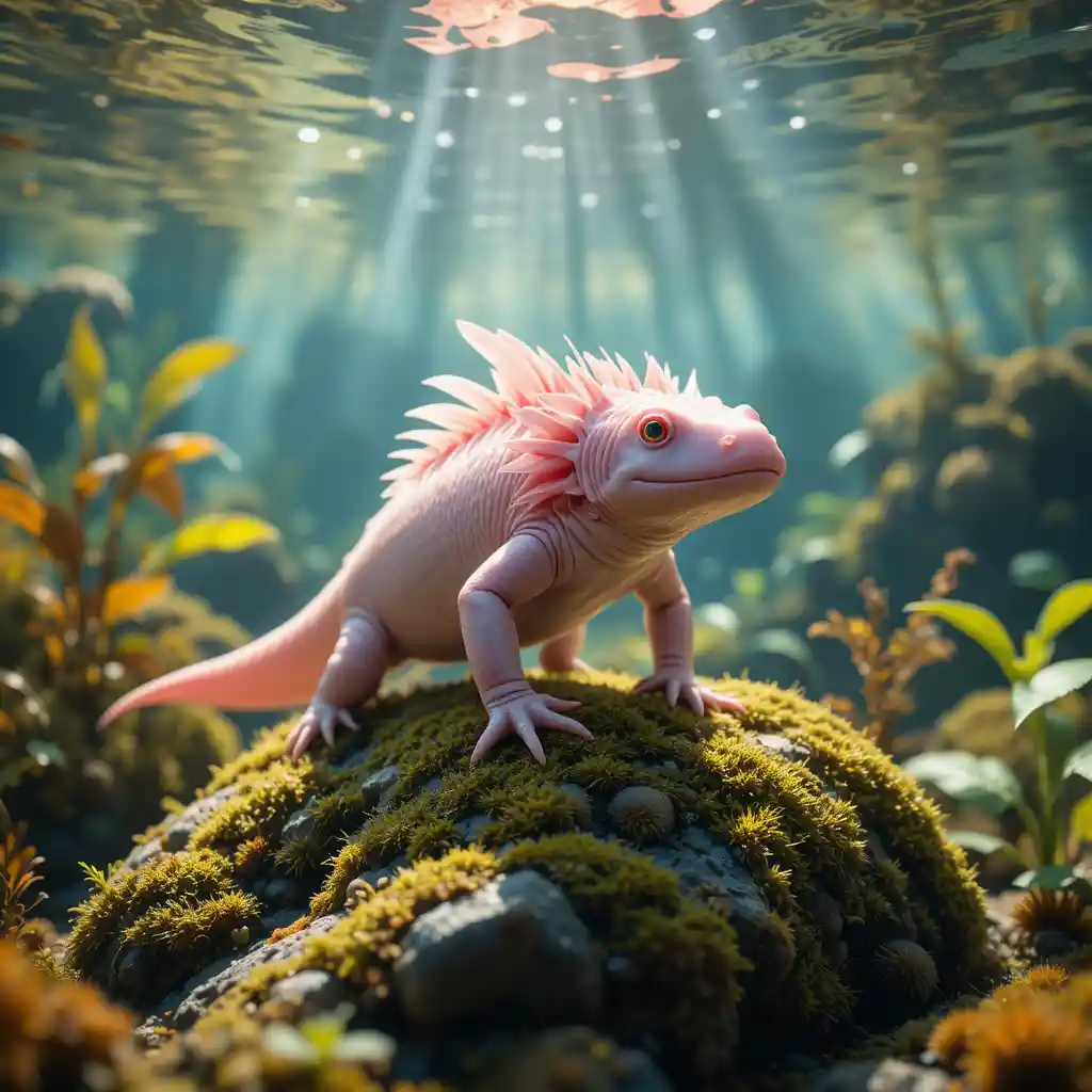 Rosa Axolotl auf moosbewachsenem Felsen in klarem Süßwassersee