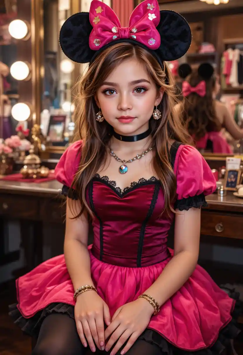 Niño con vestido rosa estilo Minnie en tocador de boutique