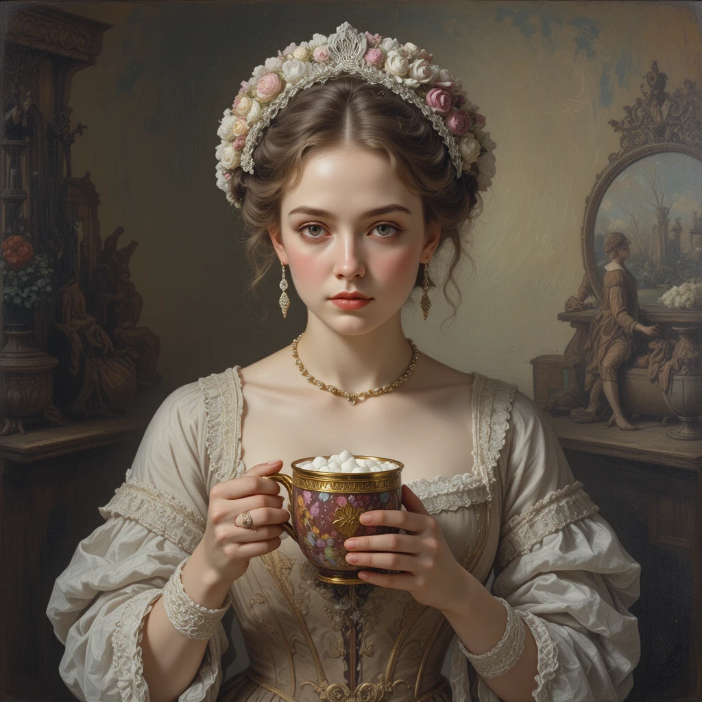 Mujer del siglo XVIII disfrutando de chocolate caliente en pintura al pastel