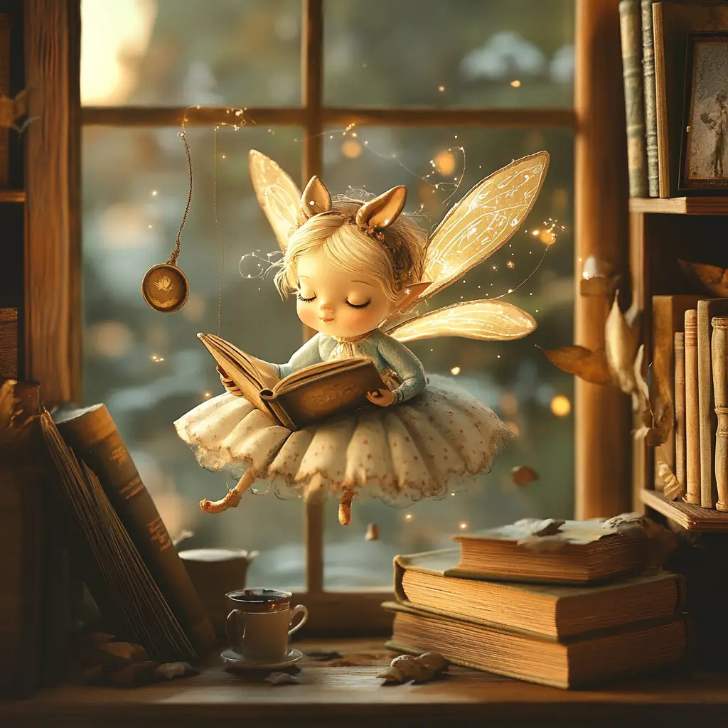 Gentle fairy floating in a cozy home with warm light