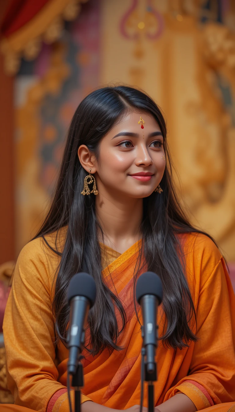Indian woman storyteller smiling softly on stage