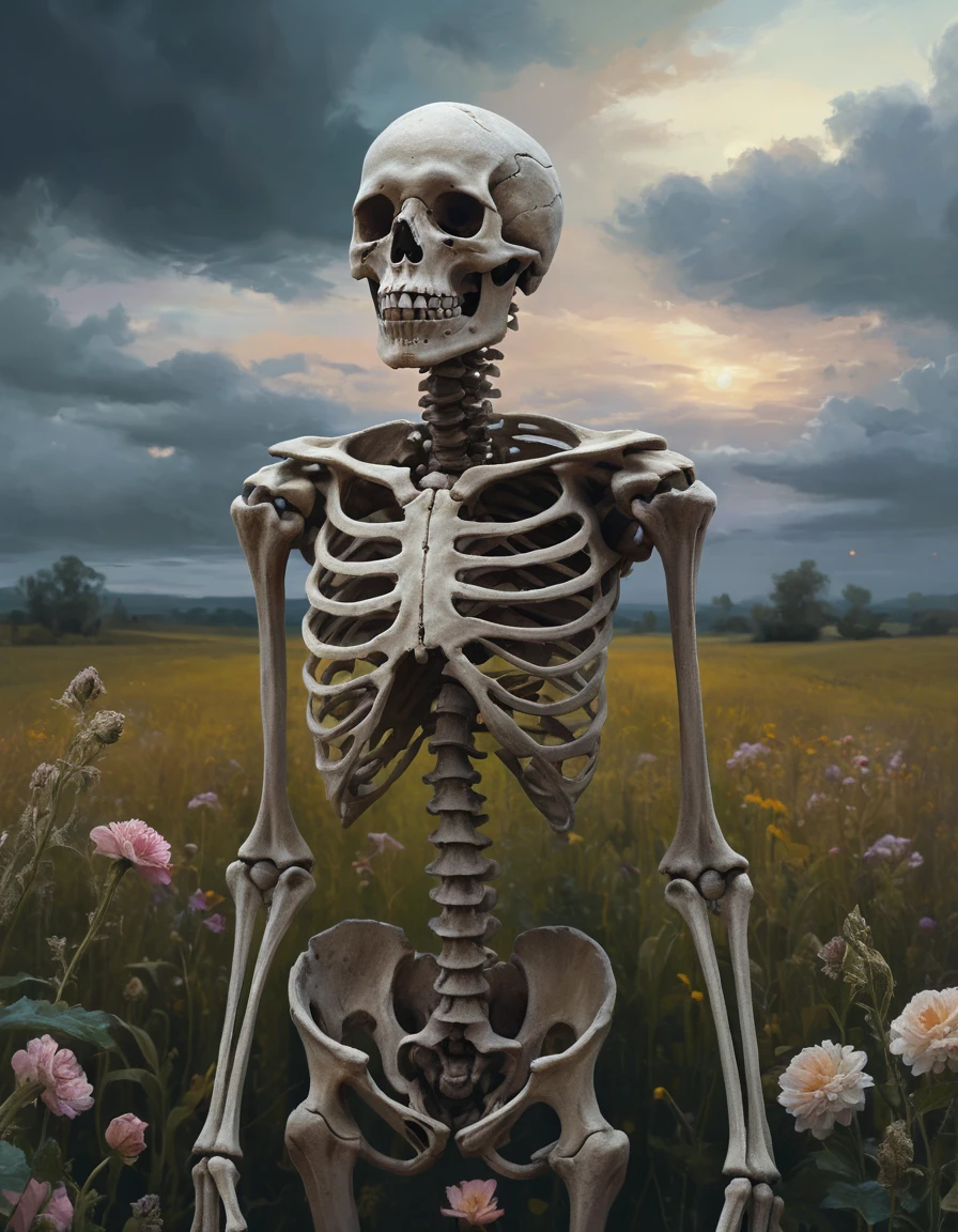 Primer plano de un esqueleto deteriorado entre flores de otro mundo