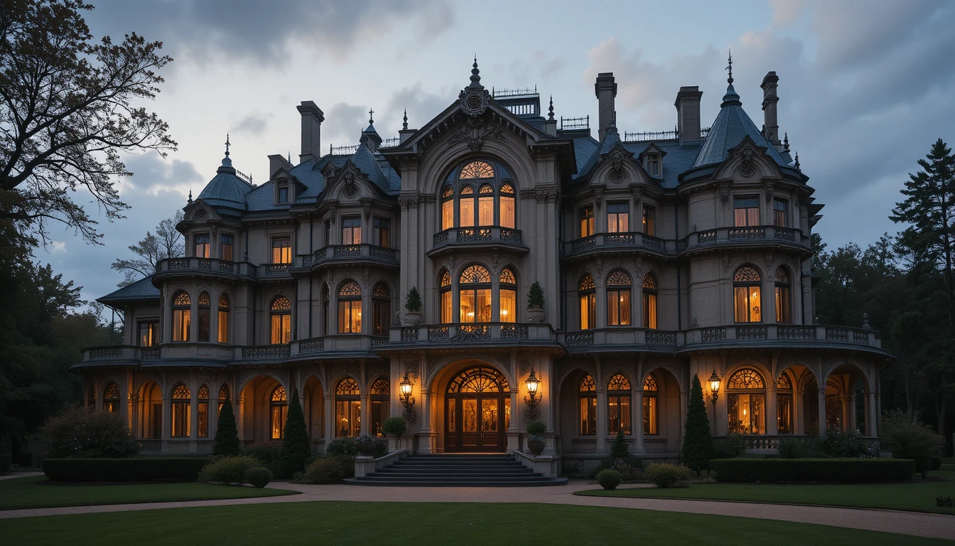 Maestosa villa art nouveau in una tranquilla notte di campagna