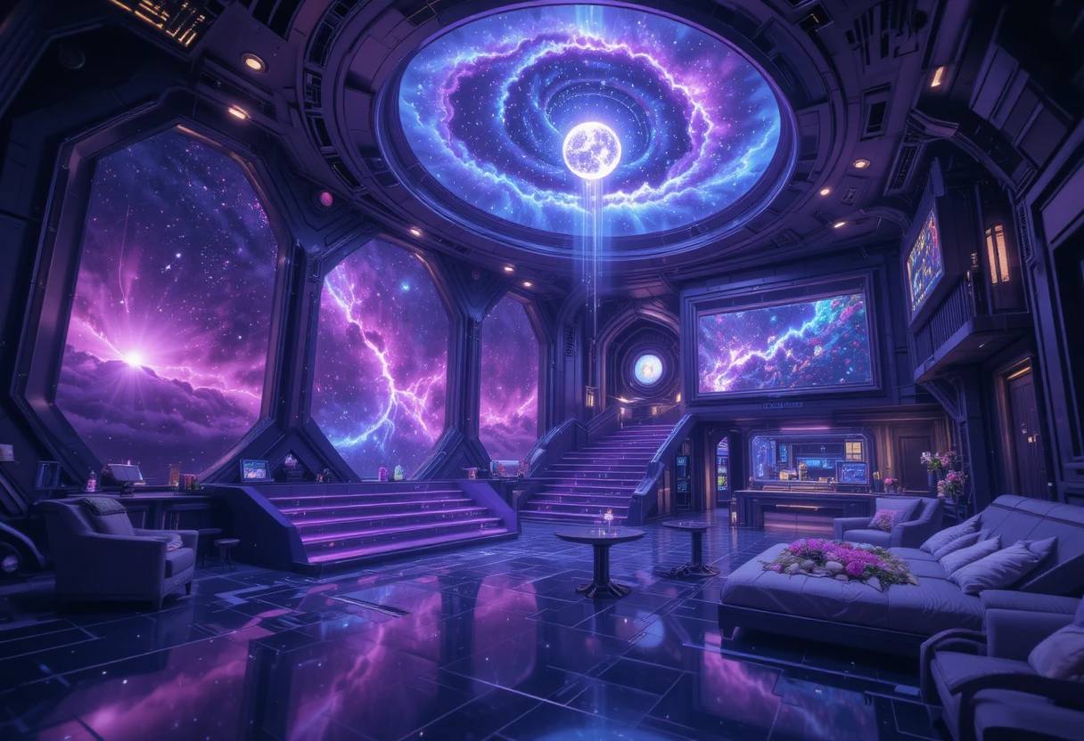 Futuristisches Haus voller wirbelndem kosmischem Nebellicht