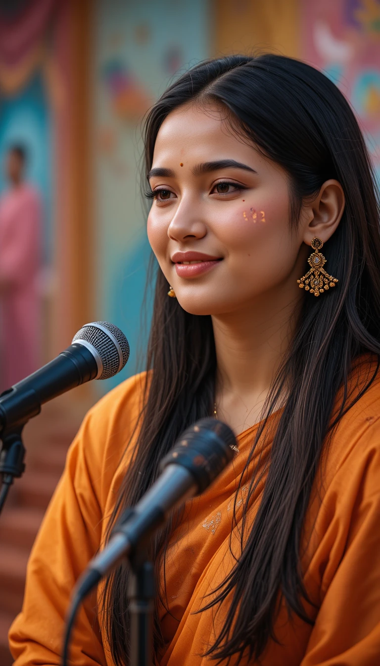 Young Indian storyteller smiling in a close up stage portrait