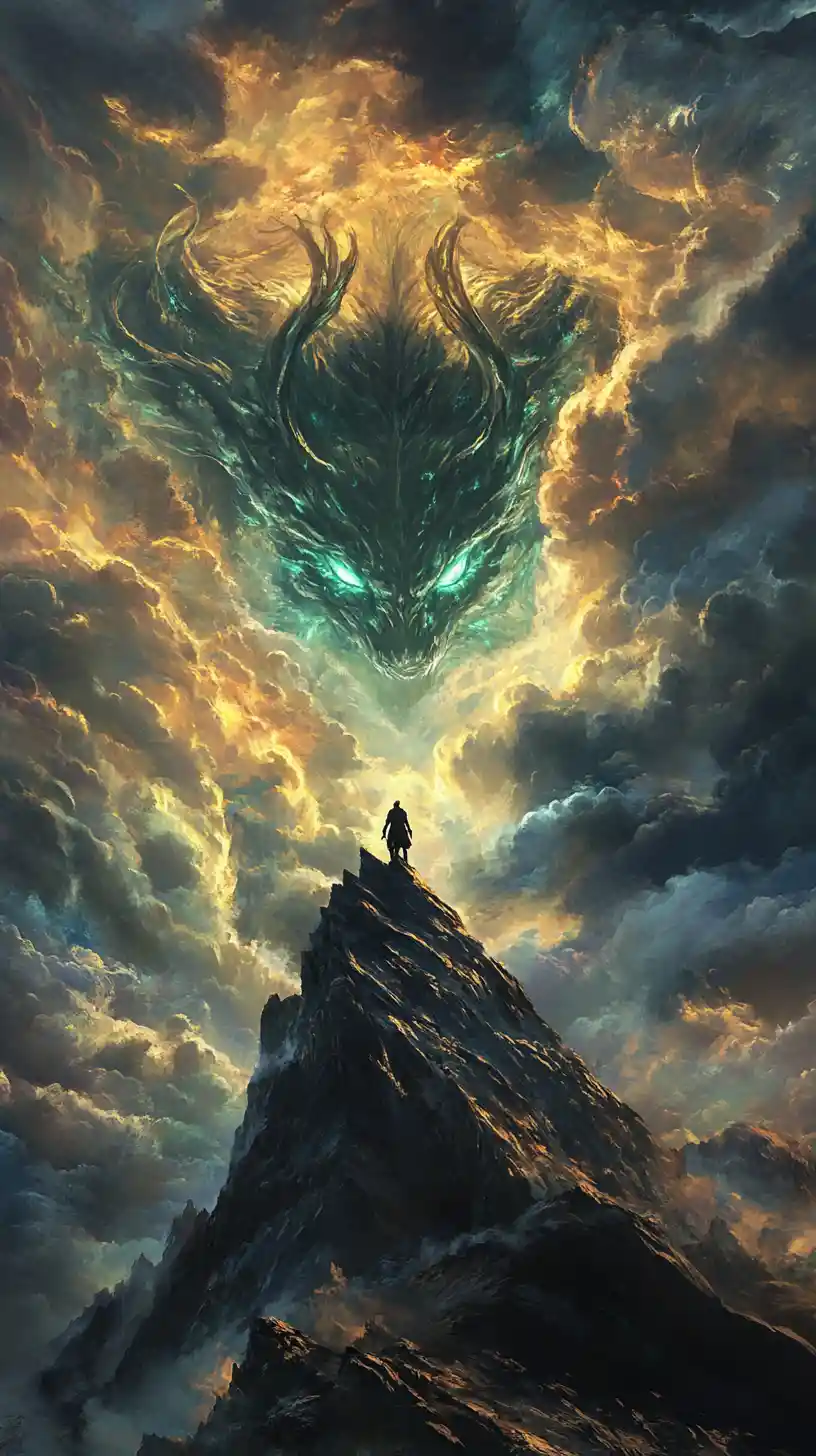 Lone figure on mountain peak facing colossal dragon clouds